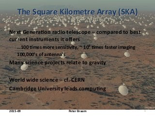 The	
  Square	
  Kilometre	
  Array	
  (SKA)	
  
Next	
  Genera8on	
  radio	
  telescope	
  –	
  compared	
  to	
  best	
  
current	
  instruments	
  it	
  oﬀers	
  	
  
	
  …100	
  8mes	
  more	
  sensi8vity,	
  ~	
  106	
  8mes	
  faster	
  imaging	
  
100,000’s	
  of	
  antenna’s 	
  	
  
Many	
  science	
  projects	
  relate	
  to	
  gravity	
  
	
  
World	
  wide	
  science	
  –	
  cf.	
  CERN	
  
Cambridge	
  University	
  leads	
  compu8ng	
  
2015-­‐09	
   Peter	
  Braam	
   1	
  
 