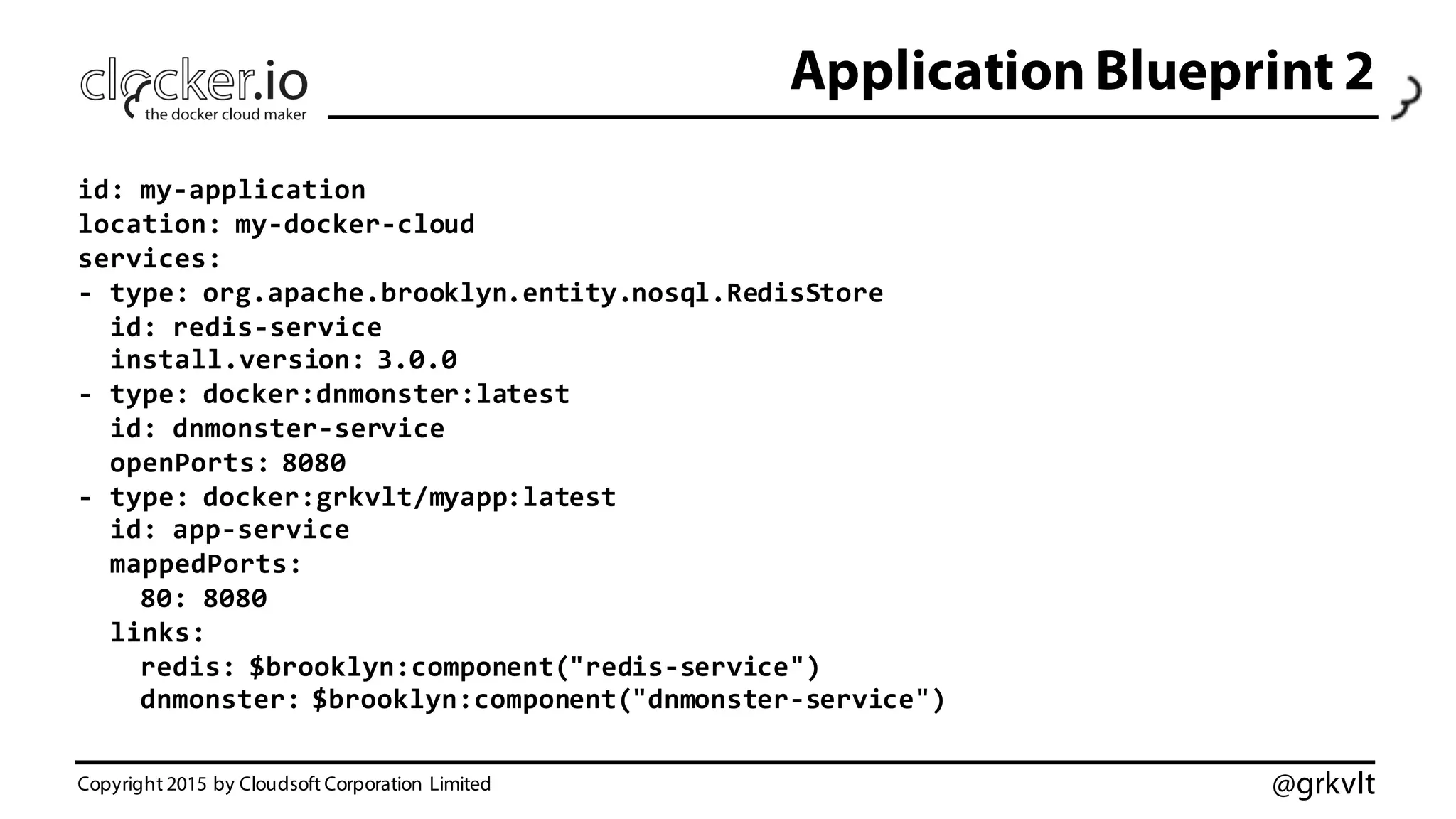 @grkvlt
Application Blueprint 2
Copyright 2015 by Cloudsoft Corporation Limited
id:  my-­‐application
location:  my-­‐docker-­‐cloud
services:
-­‐ type:  org.apache.brooklyn.entity.nosql.RedisStore
id:  redis-­‐service
install.version:  3.0.0
-­‐ type:  docker:dnmonster:latest
id:  dnmonster-­‐service
openPorts:  8080
-­‐ type:  docker:grkvlt/myapp:latest
id:  app-­‐service
mappedPorts:
80:  8080
links:
redis:  $brooklyn:component("redis-­‐service")
dnmonster:  $brooklyn:component("dnmonster-­‐service")
 