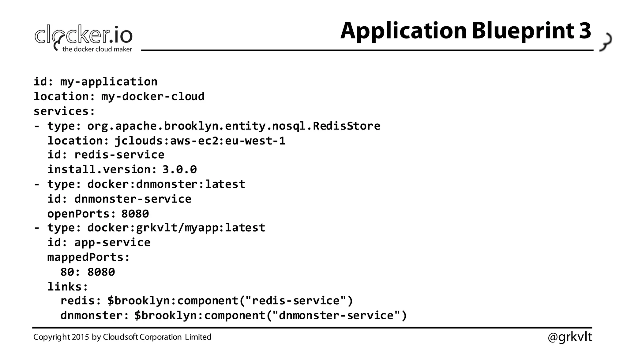@grkvlt
Application Blueprint 3
Copyright 2015 by Cloudsoft Corporation Limited
id:  my-­‐application
location:  my-­‐docker-­‐cloud
services:
-­‐ type:  org.apache.brooklyn.entity.nosql.RedisStore
location:  jclouds:aws-­‐ec2:eu-­‐west-­‐1
id:  redis-­‐service
install.version:  3.0.0
-­‐ type:  docker:dnmonster:latest
id:  dnmonster-­‐service
openPorts:  8080
-­‐ type:  docker:grkvlt/myapp:latest
id:  app-­‐service
mappedPorts:
80:  8080
links:
redis:  $brooklyn:component("redis-­‐service")
dnmonster:  $brooklyn:component("dnmonster-­‐service")
 