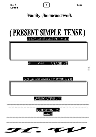 Mr. / 3 
LOTFY 
Year 
1 
ا لشكل  التركيب  التكوين FORM .( 1 ) 
ا لستخــــــــــدام USAGE . ( 2 ) 
- 1 
- 2 
ا لكلمات الدالة على الزمن KEY WORDS ( 3 ) 
ا لنفى NEGATIVE . ( 4 ) 
-------------------------------------------------------------------------------------------------------------- 
-------------------------------------------------------------------------------------------------------------- 
---------------------------------------------------------------------------------------------------------- 
QUESTION . ( 5 ) 
الستفهام 
-------------------------------------------------------------------------------------------------------------- 
-------------------------------------------------------------------------------------------------------------- 
----------------------------------------------------------------------------------------------------------- 
 