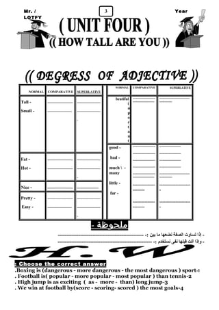 Mr. / 3 
LOTFY 
Year 
1 
NORMAL COMPARATIVE SUPERLATIVE 
NORMAL COMPARATIVE SUPERLATIVE 
------------------------------- 
------------- 
----------------------- 
---------------------- beatiful 
import 
a 
nt 
------------------------ 
------------------------ 
- 
-------------------------- 
------------------------- 
Tall - 
Small - 
---------------------- 
---------------------- 
---------------------- 
---------------------- 
------------------------------- 
------------- 
--------------------- 
- 
--------------------- 
- 
----------------------- 
----------------------- 
----------------------- 
----------------------- 
----------------------- 
---------------------- 
--------------- 
-------- 
--------------- 
-------- 
good - 
bad - 
much  - 
many 
little - 
far - 
------------------------ 
------------------------ 
- 
-------------------------- 
-------------------------- 
Fat - 
Hot - 
Nice - -------------------------- ---------------------- 
------------------------ 
------------------------ 
- 
-------------------------- 
------------------------- 
Pretty - 
Easy - 
ملحوظة - 
- إذا تساوت الصفة نضعها ما بين :- -------------------------------------------------- 
- وإذا آتت قبلها نفى نستخدم :- ------------------------------------------------------- 
: Choose the correct answer 
.Boxing is (dangerous - more dangerous - the most dangerous ) sport-1 
. Football is( popular - more popular - most popular ) than tennis-2 
. High jump is as exciting ( as - more - than) long jump-3 
. We win at football by(score - scoring- scored ) the most goals-4 
 