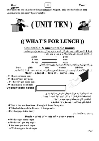 Mr. / 3 
LOTFY 
Year 
1 
They came to live in Alex on the seventeen of August . (12) The horse is an (11) 
. animal who can carry heavy weights 
Countable & uncountable nouns 
السم الذى يعد هو كل اسم مفرد يمكن جمعه وله وضعان :  
مثل : one أول an أول a 1 – اذا كان الستم نكرة لبد ولأن تسبقه 
A pen pens 
A man men 
An egg eggs 
ولقد يكون جمعا شاذا مثل : " s " 2 – اذا كان فى صيغة الجمع نضيف له 
Boys girls men women children 
اذ ا كان السم ا لذي يعد في صيغة الجمع يمكن أ ن تسبقه إحدى هذة ا لكلمات : 
Many – a lot of – lots of - some - any 
.  I have got some pens 
.  I haven't got any pens 
.  I haven't got many pens 
.  I have got a lot of pens 
Uncountable nouns 
الستم الذي ل يعد هو كل استم مفرد دال على كمية ولل يجمع .  
. " one " ولل تسبقه " an " أول " a " ل تسبقه أداة نكرة مثل  
. " it " الضمير الذي يحل محله أول يعود عليه هو  
الفعل الذي يليه لبد ولأن يكون مفردا لن فاعله مفرد .  
. That is the new furniture . I bought it from Dumyatta 
. This chalk is made in France . It is expensive 
. My baggage is too heavy 
يستخدم معه هذة الكلمات : 
Much – a lot of – lots of – any – some 
. We have got some sugar 
. We haven't got any sugar 
. We have got much sugar 
. We have got a lot of sugar 
انتبه ! 
 