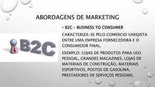 ABORDAGENS DE MARKETING
• B2C – BUSINESS TO CONSUMER
CARACTERIZA-SE PELO COMERCIO VAREJISTA
ENTRE UMA EMPRESA FORNECEDORA E O
CONSUMIDOR FINAL.
EXEMPLO: LOJAS DE PRODUTOS PARA USO
PESSOAL, GRANDES MAGAZINES, LOJAS DE
MATERIAIS DE CONSTRUÇÃO, MATERIAIS
ESPORTIVOS, POSTOS DE GASOLINA,
PRESTADORES DE SERVIÇOS PESSOAIS.
 