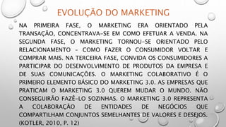 EVOLUÇÃO DO MARKETING
NA PRIMEIRA FASE, O MARKETING ERA ORIENTADO PELA
TRANSAÇÃO, CONCENTRAVA-SE EM COMO EFETUAR A VENDA. NA
SEGUNDA FASE, O MARKETING TORNOU-SE ORIENTADO PELO
RELACIONAMENTO – COMO FAZER O CONSUMIDOR VOLTAR E
COMPRAR MAIS. NA TERCEIRA FASE, CONVIDA OS CONSUMIDORES A
PARTICIPAR DO DESENVOLVIMENTO DE PRODUTOS DA EMPRESA E
DE SUAS COMUNICAÇÕES. O MARKETING COLABORATIVO É O
PRIMEIRO ELEMENTO BÁSICO DO MARKETING 3.0. AS EMPRESAS QUE
PRATICAM O MARKETING 3.0 QUEREM MUDAR O MUNDO. NÃO
CONSEGUIRÃO FAZÊ-LO SOZINHAS. O MARKETING 3.0 REPRESENTA
A COLABORAÇÃO DE ENTIDADES DE NEGÓCIOS QUE
COMPARTILHAM CONJUNTOS SEMELHANTES DE VALORES E DESEJOS.
(KOTLER, 2010, P. 12)
 