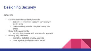Designing Securely
Influence
- Establish and follow best practices
- best time to implement a security plan is early in
the life cycle
- threat modeling must be completed during this
phase
- Security Requirements
- security design review with an advisor for a project
- Privacy Requirements
- complete detailed privacy analysis
- have a privacy subject matter expert
 