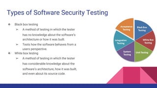 Types of Software Security Testing
❖ Black box testing
➢ A method of testing in which the tester
has no knowledge about the software’s
architecture or how it was built.
➢ Tests how the software behaves from a
users perspective.
❖ White box testing
➢ A method of testing in which the tester
has considerable knowledge about the
software’s architecture, how it was built,
and even about its source code.
 