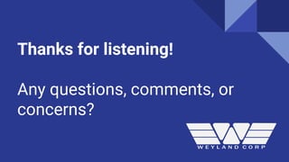 Thanks for listening!
Any questions, comments, or
concerns?
 