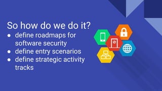 So how do we do it?
● define roadmaps for
software security
● define entry scenarios
● define strategic activity
tracks
 