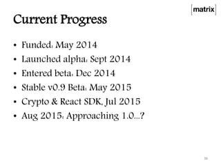 Current Progress
• Funded: May 2014
• Launched alpha: Sept 2014
• Entered beta: Dec 2014
• Stable v0.9 Beta: May 2015
• Crypto & React SDK, Jul 2015
• Aug 2015: Approaching 1.0...?
36
 