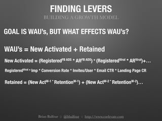 FINDING LEVERS
BUILDING A GROWTH MODEL
GOAL IS WAU’s, BUT WHAT EFFECTS WAU’s?
WAU’s = New Activated + Retained
New Activated = (RegisteredFB ADS * ARFB ADS) + (RegisteredViral * ARViral)+…
RegisteredViral = Imp * Conversion Rate * Invites/User * Email CTR * Landing Page CR
Retained = (New ActW-1 * RetentionW-1) + (New ActW-2 * RetentionW-2)…
Brian Balfour :: @bbalfour :: http://www.coelevate.com
 