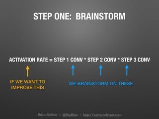 STEP ONE: BRAINSTORM
ACTIVATION RATE = STEP 1 CONV * STEP 2 CONV * STEP 3 CONV
IF WE WANT TO
IMPROVE THIS
WE BRAINSTORM ON THESE
Brian Balfour :: @bbalfour :: http://www.coelevate.com
 