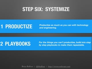 STEP SIX: SYSTEMIZE
1 PRODUCTIZE Productize as much as you can with technology
and engineering.
2 PLAYBOOKS For the things you can’t productize, build into step
by step playbooks to make them repeatable.
Brian Balfour :: @bbalfour :: http://www.coelevate.com
 