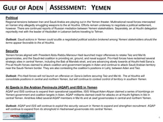 ASSESSMENT:
Political
Regional tensions between Iran and Saudi Arabia are playing out in the Yemen theater. Multinational naval forces intercepted
an Iranian ship allegedly smuggling weapons to the al Houthis. Efforts remain underway to negotiate a political settlement,
however. There are continued reports of Russian mediation between Yemeni stakeholders. Separately, an al Houthi delegation
reportedly met with the leader of Hezbollah in Lebanon before traveling to Tehran.
Outlook: Saudi actions in Yemen could scuttle a negotiated political solution brokered among Yemeni stakeholders should the
terms appear favorable to the al Houthis.
Security
Yemeni forces aligned with President Abdu Rabbu Mansour Hadi launched major offensives to retake Taiz and Ma’rib
governorates, and the Saudi-led coalition is providing air, ground, and naval support. Pro-Hadi forces have reclaimed several
strategic sites in central Yemen, including the Bab al Mandeb strait, and are advancing slowly towards al Houthi-held Sana’a.
Pro-al Houthi forces claimed to attack coalition and government targets in Aden and continue to attack Saudi Arabian territory
near the Saudi-Yemeni border. They are also contesting the coalition’s positions in Lahij, between Aden and Taiz.
Outlook: Pro-Hadi forces will not launch an offensive on Sana’a before securing Taiz and Ma’rib. The al Houthis will
consolidate positions in central and northern Yemen, but will continue to contest control of territory in southern Yemen.
Al Qaeda in the Arabian Peninsula (AQAP) and ISIS in Yemen
AQAP and ISIS continue to expand their operational capabilities. ISIS Wilayat Aden-Abyan claimed a series of bombings on
Yemeni government and coalition targets in Aden. AQAP militants claimed credit for attacks on al Houthi fighters in Ibb in
central Yemen. Airstrikes killed several AQAP members in Ma’rib and al Jawf governorates in central and northern Yemen.
Outlook: AQAP and ISIS will continue to exploit the security vacuum in Yemen to expand and strengthen recruitment. AQAP
will continue to expand from its stronghold in Hadramawt governorate into central Yemen.
4
YEMENGULF OF ADEN
 