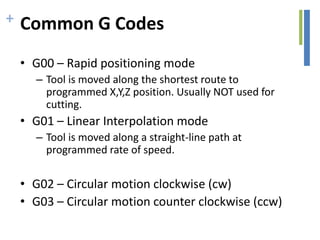 + Common G Codes
• G00 – Rapid positioning mode
– Tool is moved along the shortest route to
programmed X,Y,Z position. Usually NOT used for
cutting.
• G01 – Linear Interpolation mode
– Tool is moved along a straight-line path at
programmed rate of speed.
• G02 – Circular motion clockwise (cw)
• G03 – Circular motion counter clockwise (ccw)
 