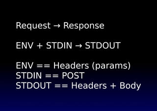 Request → Response
ENV + STDIN → STDOUT
ENV == Headers (params)
STDIN == POST
STDOUT == Headers + Body
 