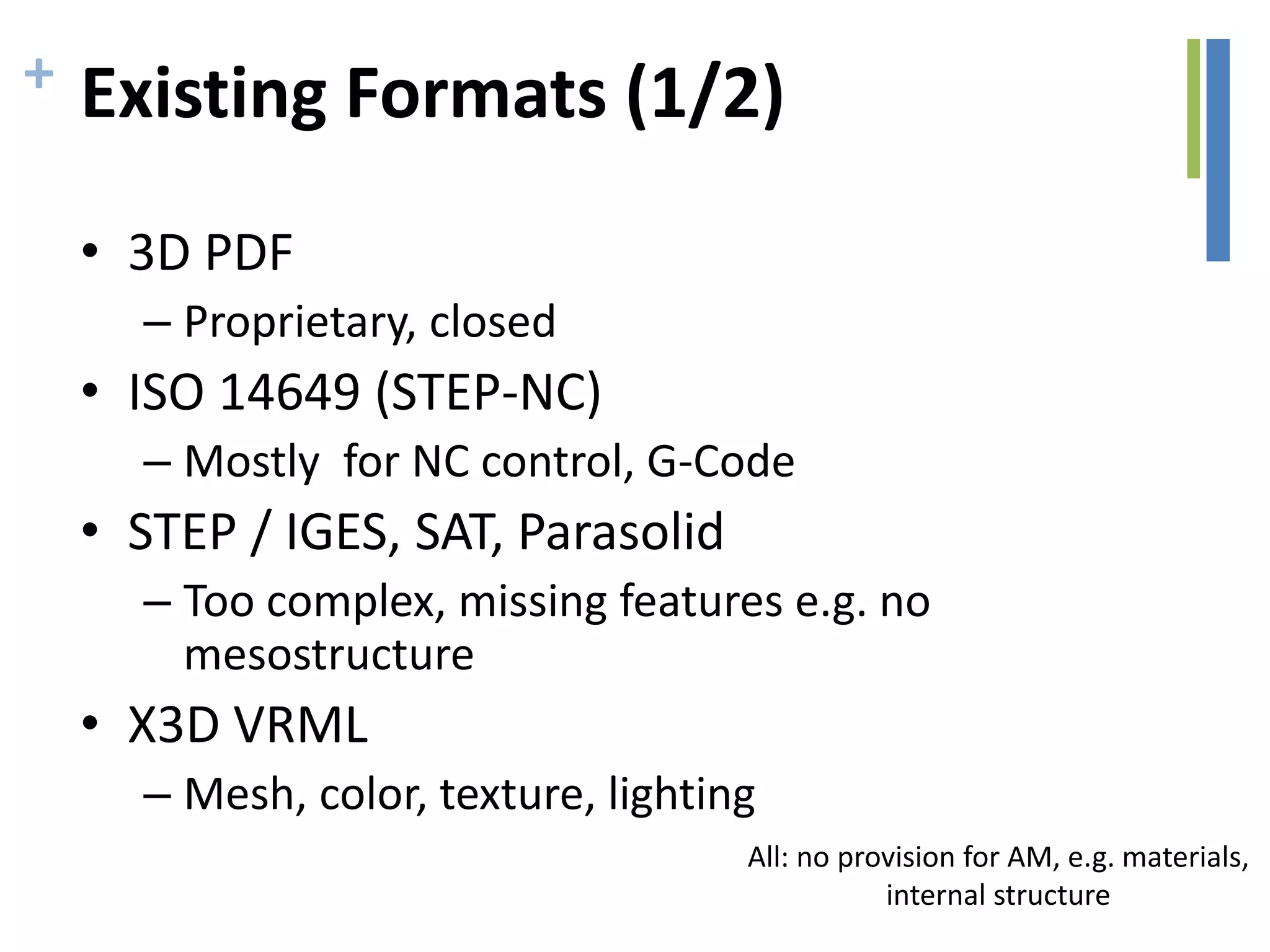 + Existing Formats (1/2)
• 3D PDF
– Proprietary, closed
• ISO 14649 (STEP-NC)
– Mostly for NC control, G-Code
• STEP / IGES, SAT, Parasolid
– Too complex, missing features e.g. no
mesostructure
• X3D VRML
– Mesh, color, texture, lighting
All: no provision for AM, e.g. materials,
internal structure
 