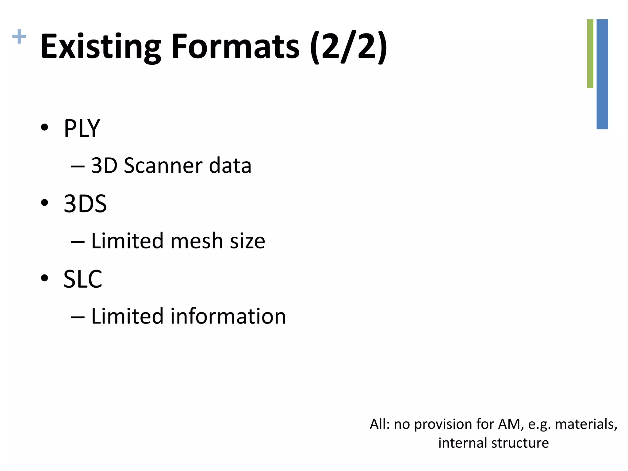 + Existing Formats (2/2)
• PLY
– 3D Scanner data
• 3DS
– Limited mesh size
• SLC
– Limited information
All: no provision for AM, e.g. materials,
internal structure
 