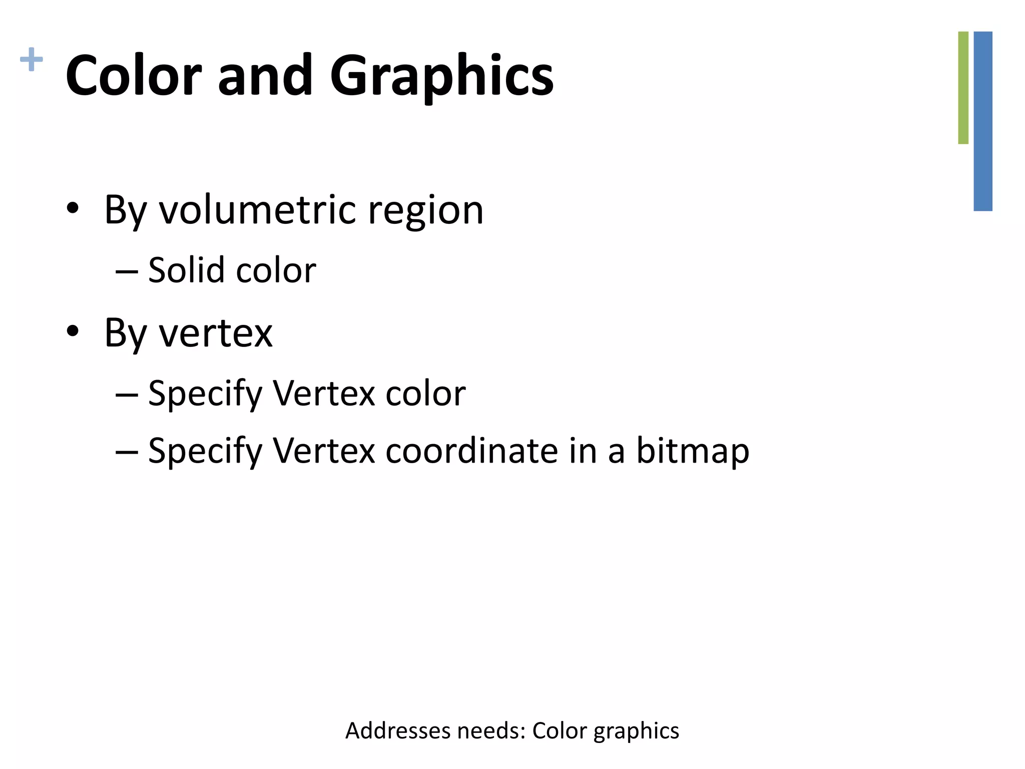 + Color and Graphics
• By volumetric region
– Solid color
• By vertex
– Specify Vertex color
– Specify Vertex coordinate in a bitmap
Addresses needs: Color graphics
 