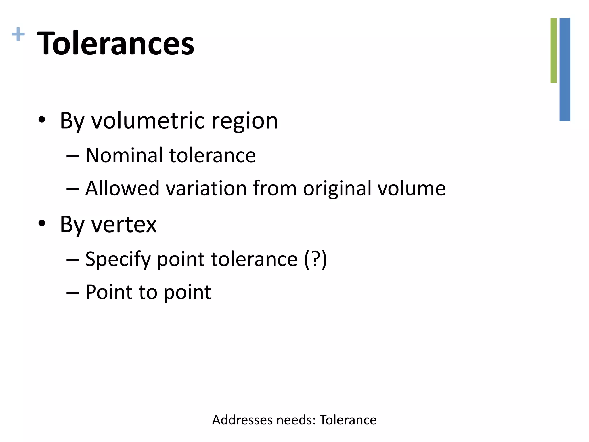 + Tolerances
• By volumetric region
– Nominal tolerance
– Allowed variation from original volume
• By vertex
– Specify point tolerance (?)
– Point to point
Addresses needs: Tolerance
 