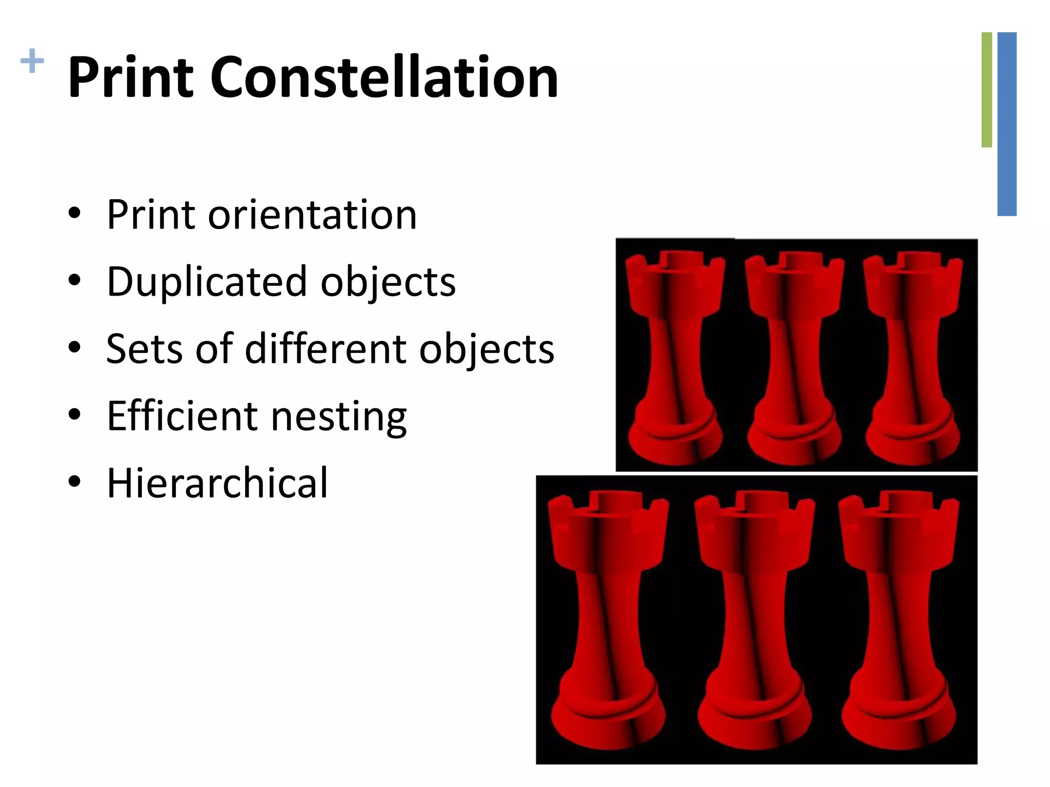 + Print Constellation
• Print orientation
• Duplicated objects
• Sets of different objects
• Efficient nesting
• Hierarchical
 