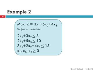 Example 2
Max. Z = 3x1+5x2+4x3
Subject to constraints:
2x1+3x2 < 8
2x2+5x3 < 10
3x1+2x2+4x3 < 15
x1, x2, x3 > 0
34
Dr. Atif Shahzad 15-Oct-15
 