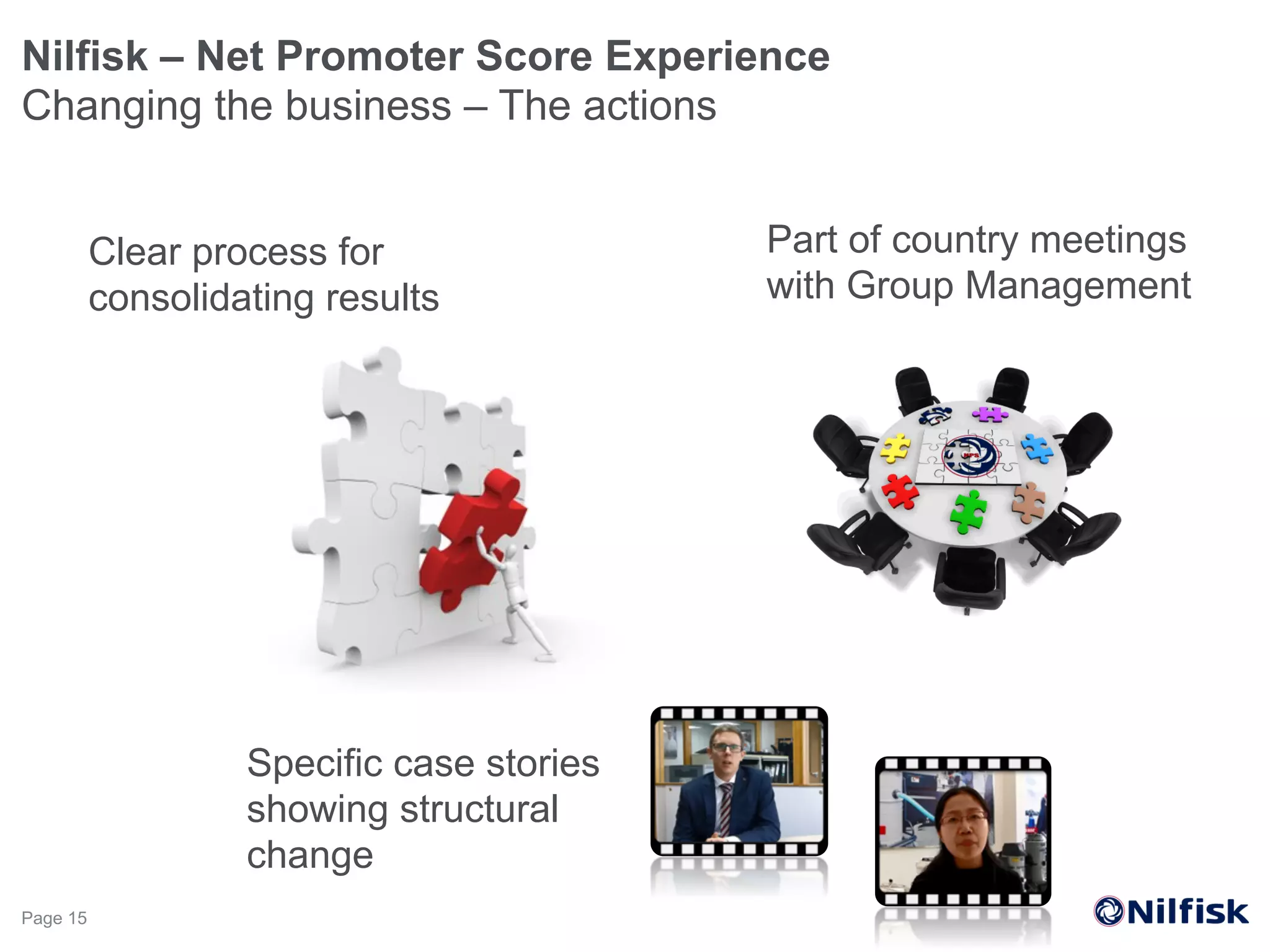 Nilfisk – Net Promoter Score Experience
Changing the business – The actions
Page 15
Clear process for
consolidating results
Part of country meetings
with Group Management
Specific case stories
showing structural
change
 