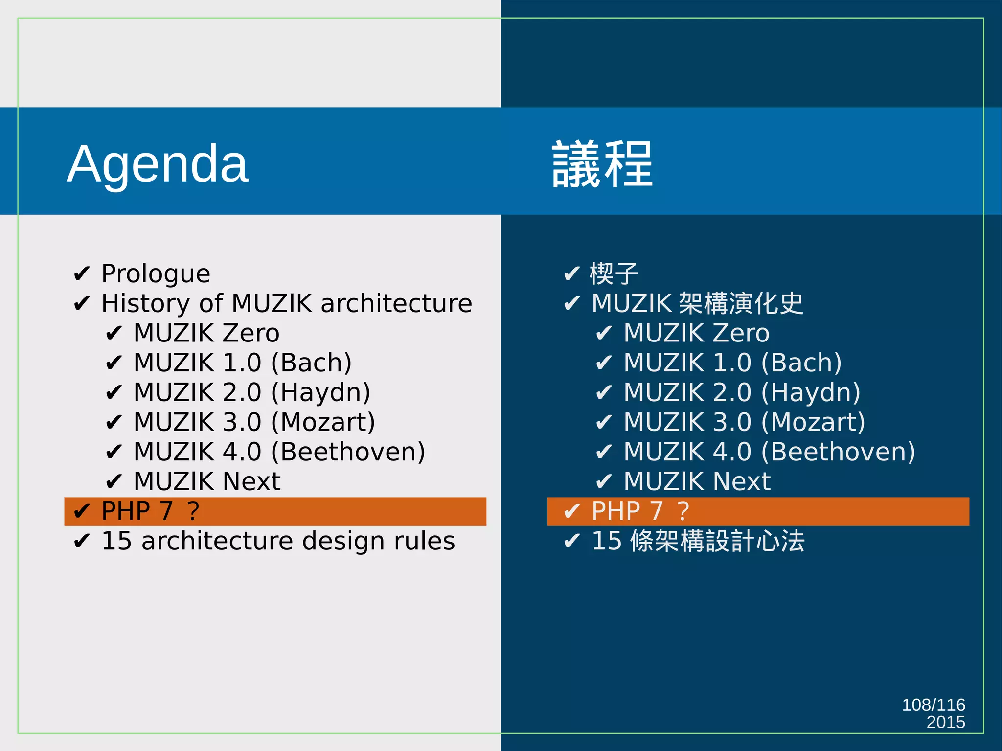 2015
108/116
Agenda
✔ Prologue
✔ History of MUZIK architecture
✔ MUZIK Zero
✔ MUZIK 1.0 (Bach)
✔ MUZIK 2.0 (Haydn)
✔ MUZIK 3.0 (Mozart)
✔ MUZIK 4.0 (Beethoven)
✔ MUZIK Next
✔ PHP 7 ？
✔ 15 architecture design rules
議程
✔ 楔子
✔ MUZIK 架構演化史
✔ MUZIK Zero
✔ MUZIK 1.0 (Bach)
✔ MUZIK 2.0 (Haydn)
✔ MUZIK 3.0 (Mozart)
✔ MUZIK 4.0 (Beethoven)
✔ MUZIK Next
✔ PHP 7 ？
✔ 15 條架構設計心法
 