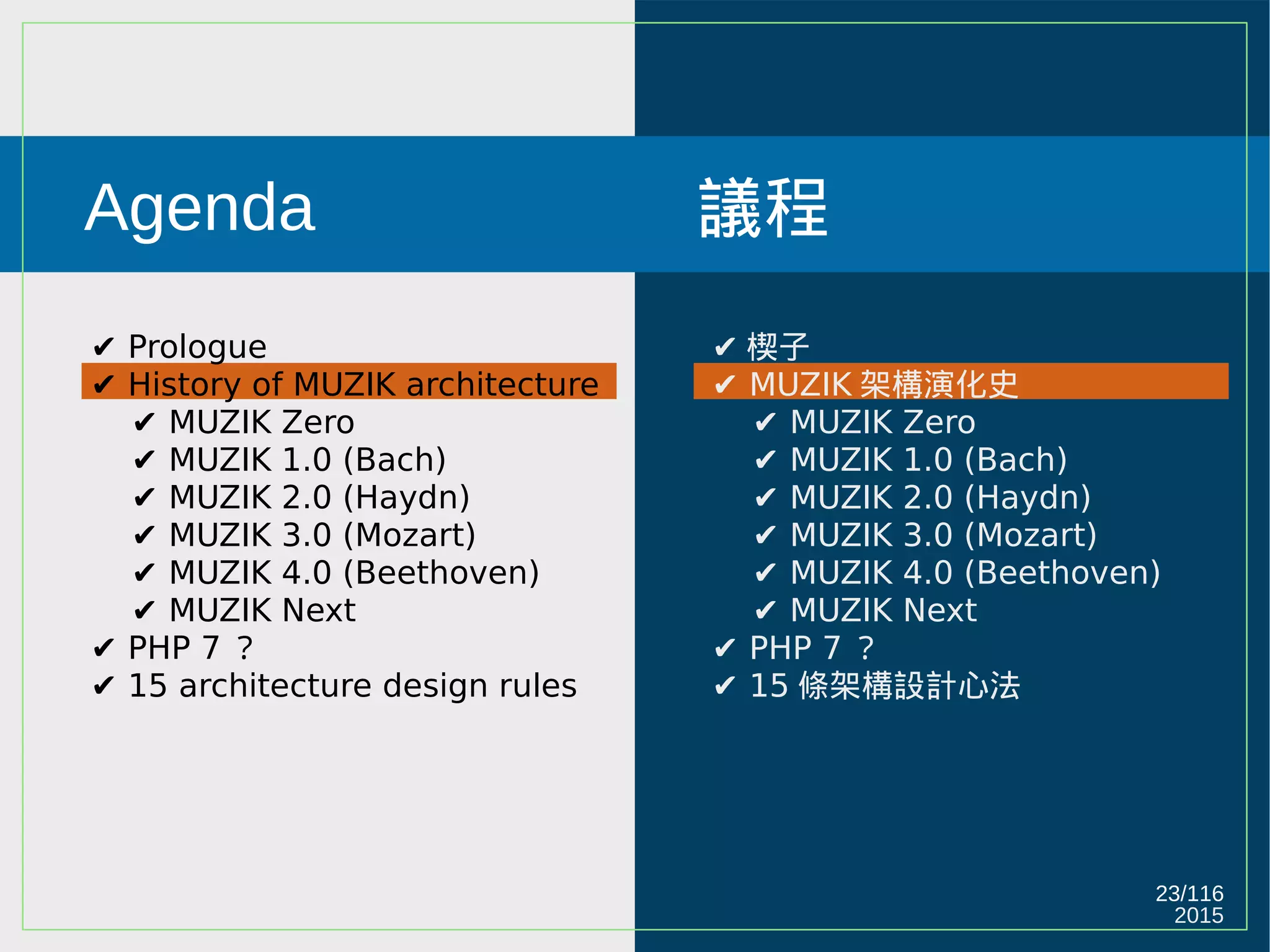 2015
23/116
Agenda
✔ Prologue
✔ History of MUZIK architecture
✔ MUZIK Zero
✔ MUZIK 1.0 (Bach)
✔ MUZIK 2.0 (Haydn)
✔ MUZIK 3.0 (Mozart)
✔ MUZIK 4.0 (Beethoven)
✔ MUZIK Next
✔ PHP 7 ？
✔ 15 architecture design rules
議程
✔ 楔子
✔ MUZIK 架構演化史
✔ MUZIK Zero
✔ MUZIK 1.0 (Bach)
✔ MUZIK 2.0 (Haydn)
✔ MUZIK 3.0 (Mozart)
✔ MUZIK 4.0 (Beethoven)
✔ MUZIK Next
✔ PHP 7 ？
✔ 15 條架構設計心法
 