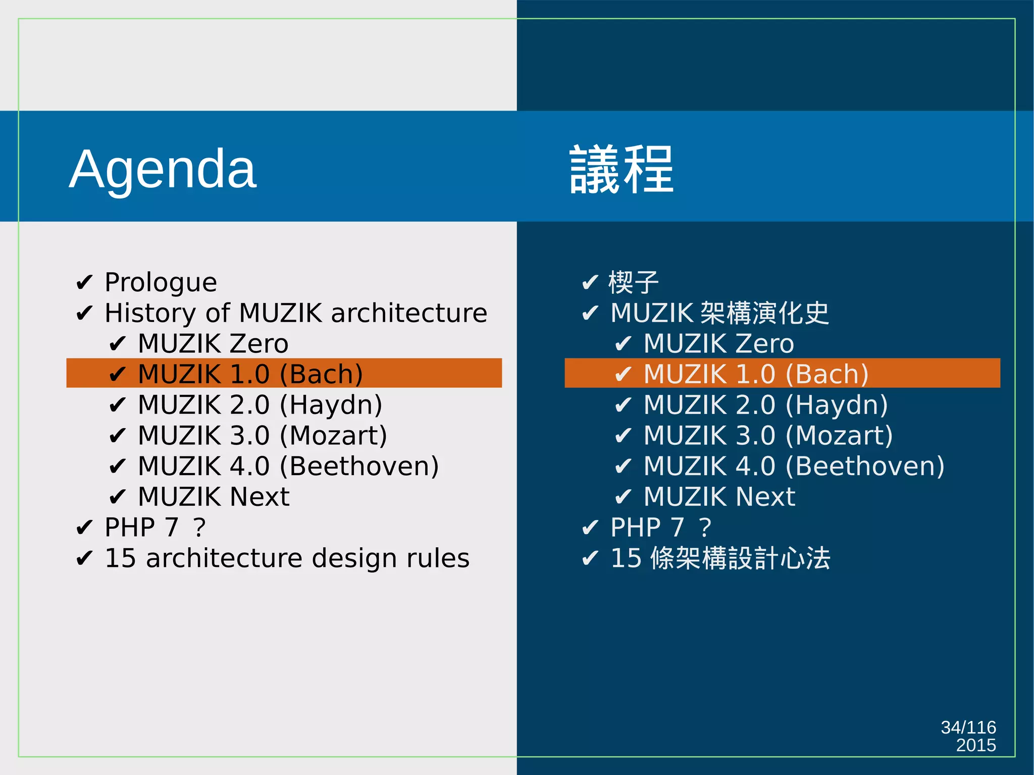 2015
34/116
Agenda
✔ Prologue
✔ History of MUZIK architecture
✔ MUZIK Zero
✔ MUZIK 1.0 (Bach)
✔ MUZIK 2.0 (Haydn)
✔ MUZIK 3.0 (Mozart)
✔ MUZIK 4.0 (Beethoven)
✔ MUZIK Next
✔ PHP 7 ？
✔ 15 architecture design rules
議程
✔ 楔子
✔ MUZIK 架構演化史
✔ MUZIK Zero
✔ MUZIK 1.0 (Bach)
✔ MUZIK 2.0 (Haydn)
✔ MUZIK 3.0 (Mozart)
✔ MUZIK 4.0 (Beethoven)
✔ MUZIK Next
✔ PHP 7 ？
✔ 15 條架構設計心法
 
