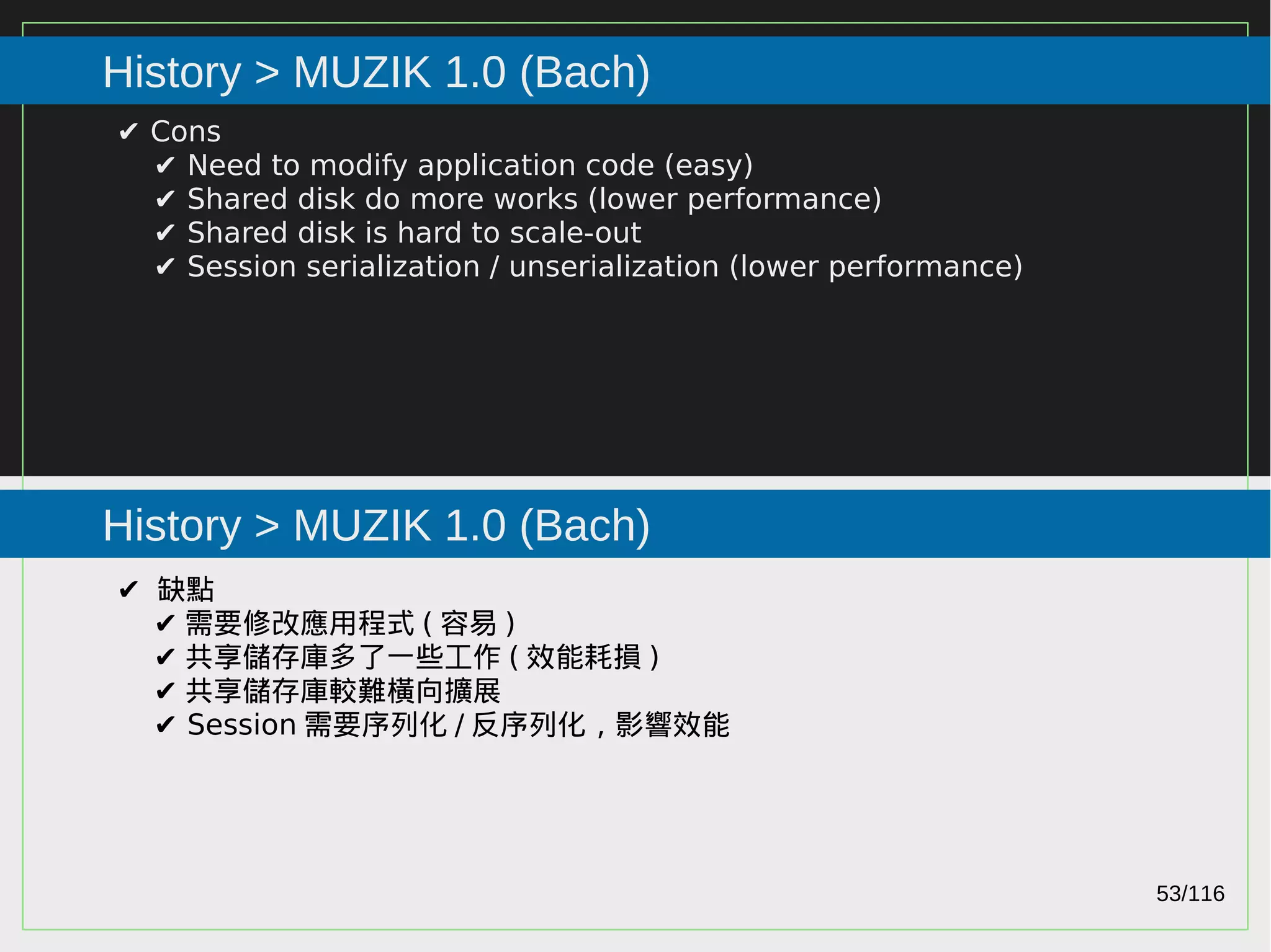 53/116
2015
History > MUZIK 1.0 (Bach)
History > MUZIK 1.0 (Bach)
✔ Cons
✔ Need to modify application code (easy)
✔ Shared disk do more works (lower performance)
✔ Shared disk is hard to scale-out
✔ Session serialization / unserialization (lower performance)
✔ 缺點
✔ 需要修改應用程式 ( 容易 )
✔ 共享儲存庫多了一些工作 ( 效能耗損 )
✔ 共享儲存庫較難橫向擴展
✔ Session 需要序列化 / 反序列化，影響效能
 