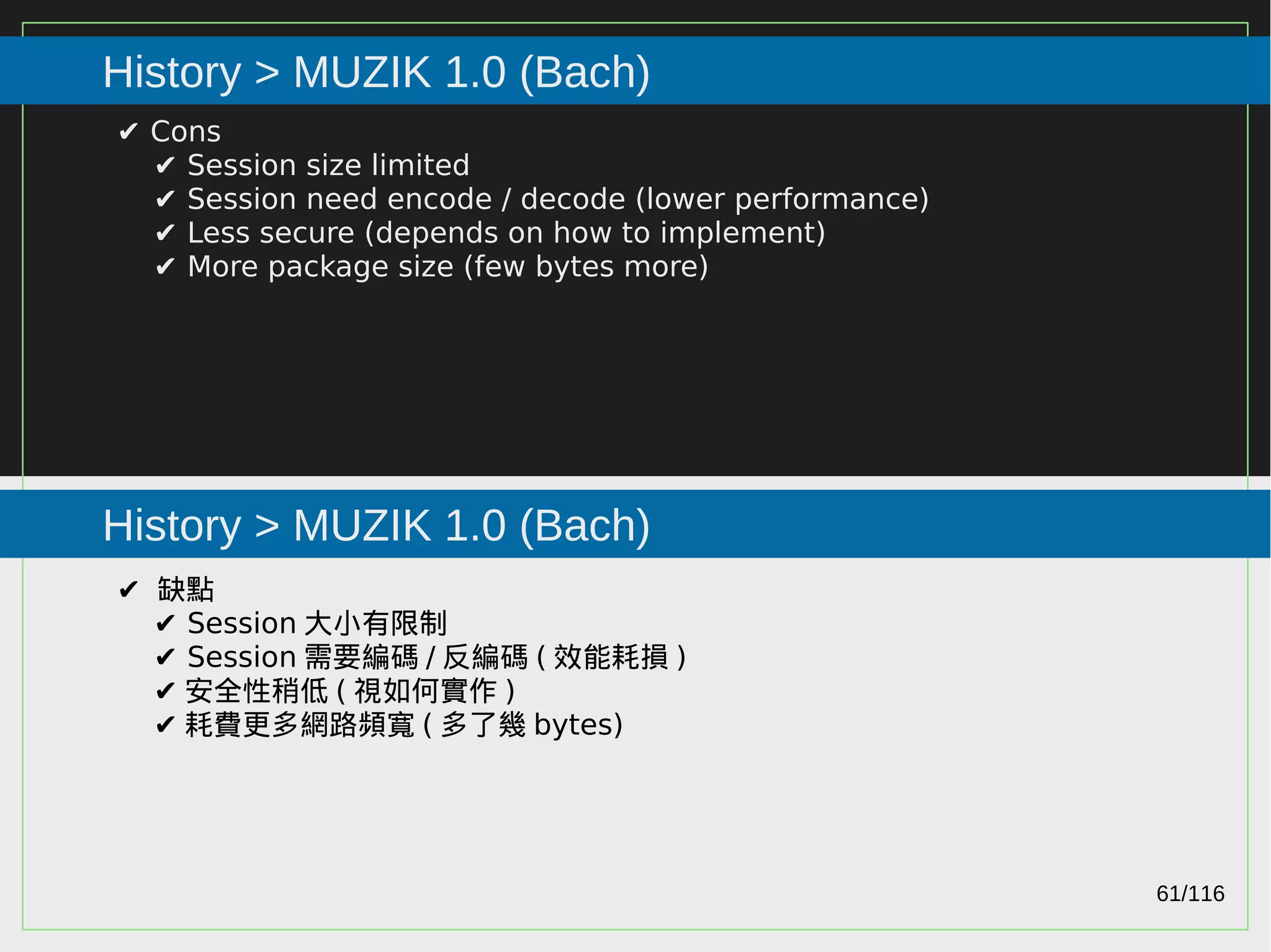 61/116
2015
History > MUZIK 1.0 (Bach)
History > MUZIK 1.0 (Bach)
✔ Cons
✔ Session size limited
✔ Session need encode / decode (lower performance)
✔ Less secure (depends on how to implement)
✔ More package size (few bytes more)
✔ 缺點
✔ Session 大小有限制
✔ Session 需要編碼 / 反編碼 ( 效能耗損 )
✔ 安全性稍低 ( 視如何實作 )
✔ 耗費更多網路頻寬 ( 多了幾 bytes)
 