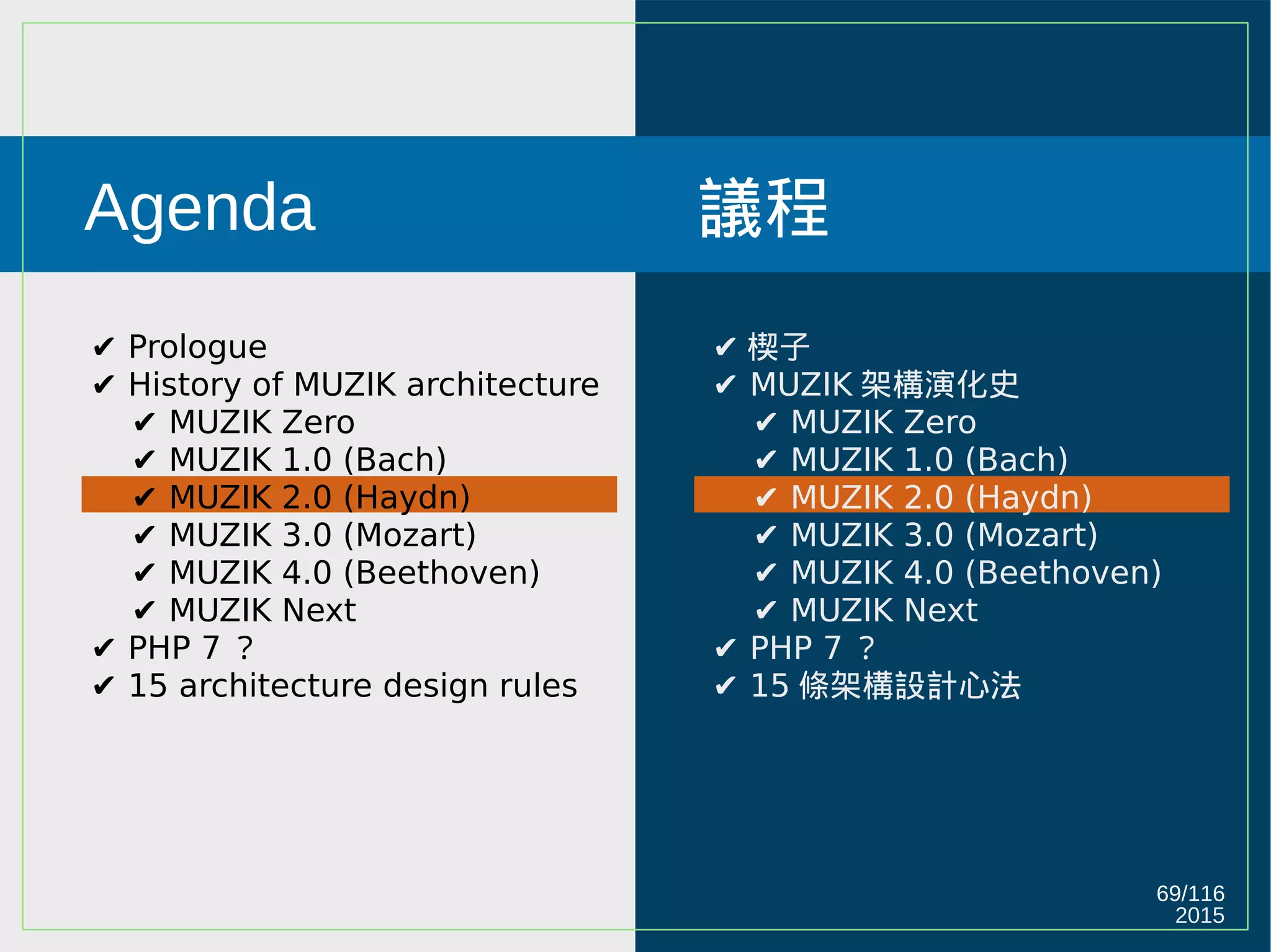 2015
69/116
Agenda
✔ Prologue
✔ History of MUZIK architecture
✔ MUZIK Zero
✔ MUZIK 1.0 (Bach)
✔ MUZIK 2.0 (Haydn)
✔ MUZIK 3.0 (Mozart)
✔ MUZIK 4.0 (Beethoven)
✔ MUZIK Next
✔ PHP 7 ？
✔ 15 architecture design rules
議程
✔ 楔子
✔ MUZIK 架構演化史
✔ MUZIK Zero
✔ MUZIK 1.0 (Bach)
✔ MUZIK 2.0 (Haydn)
✔ MUZIK 3.0 (Mozart)
✔ MUZIK 4.0 (Beethoven)
✔ MUZIK Next
✔ PHP 7 ？
✔ 15 條架構設計心法
 