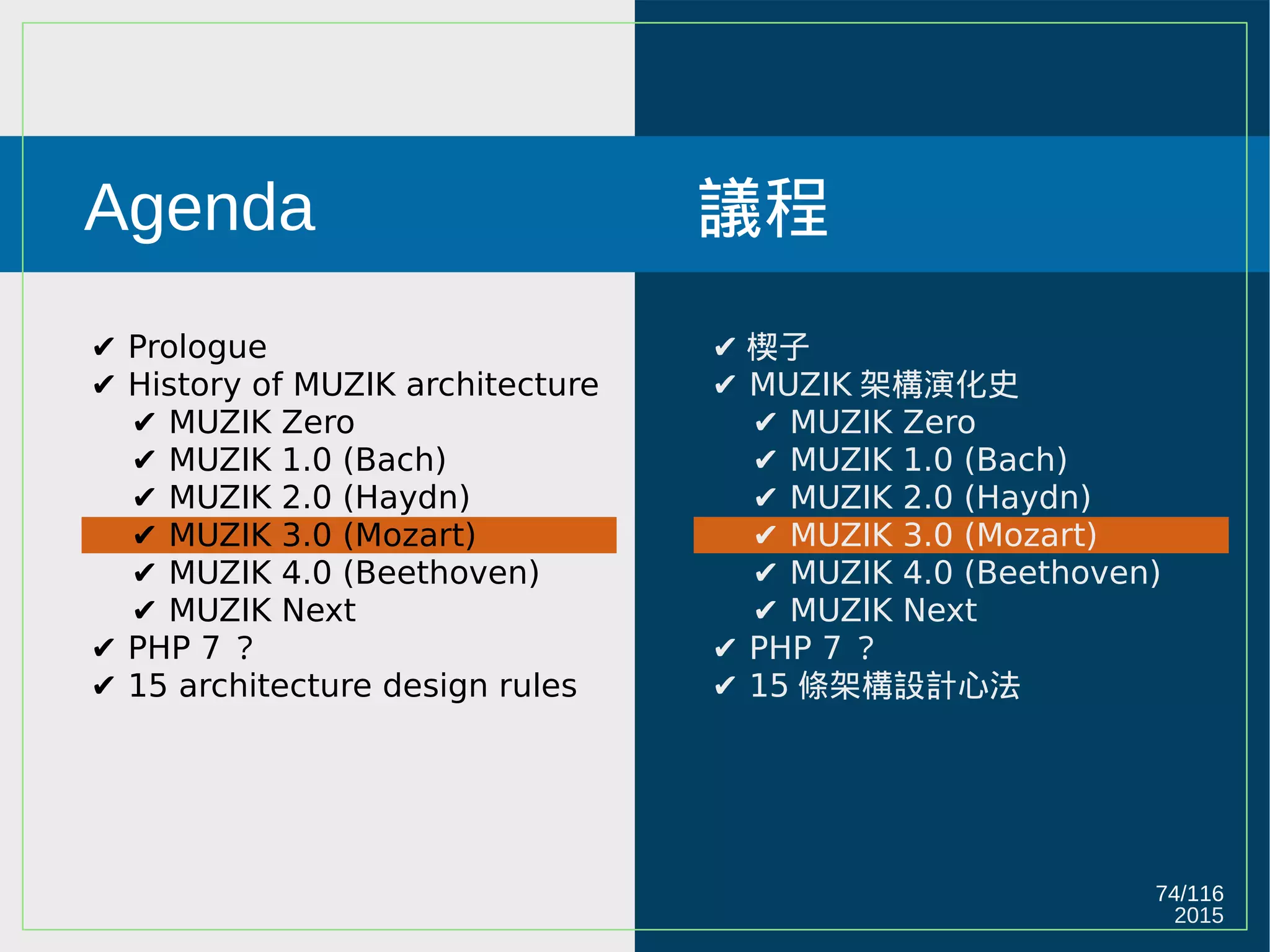 2015
74/116
Agenda
✔ Prologue
✔ History of MUZIK architecture
✔ MUZIK Zero
✔ MUZIK 1.0 (Bach)
✔ MUZIK 2.0 (Haydn)
✔ MUZIK 3.0 (Mozart)
✔ MUZIK 4.0 (Beethoven)
✔ MUZIK Next
✔ PHP 7 ？
✔ 15 architecture design rules
議程
✔ 楔子
✔ MUZIK 架構演化史
✔ MUZIK Zero
✔ MUZIK 1.0 (Bach)
✔ MUZIK 2.0 (Haydn)
✔ MUZIK 3.0 (Mozart)
✔ MUZIK 4.0 (Beethoven)
✔ MUZIK Next
✔ PHP 7 ？
✔ 15 條架構設計心法
 