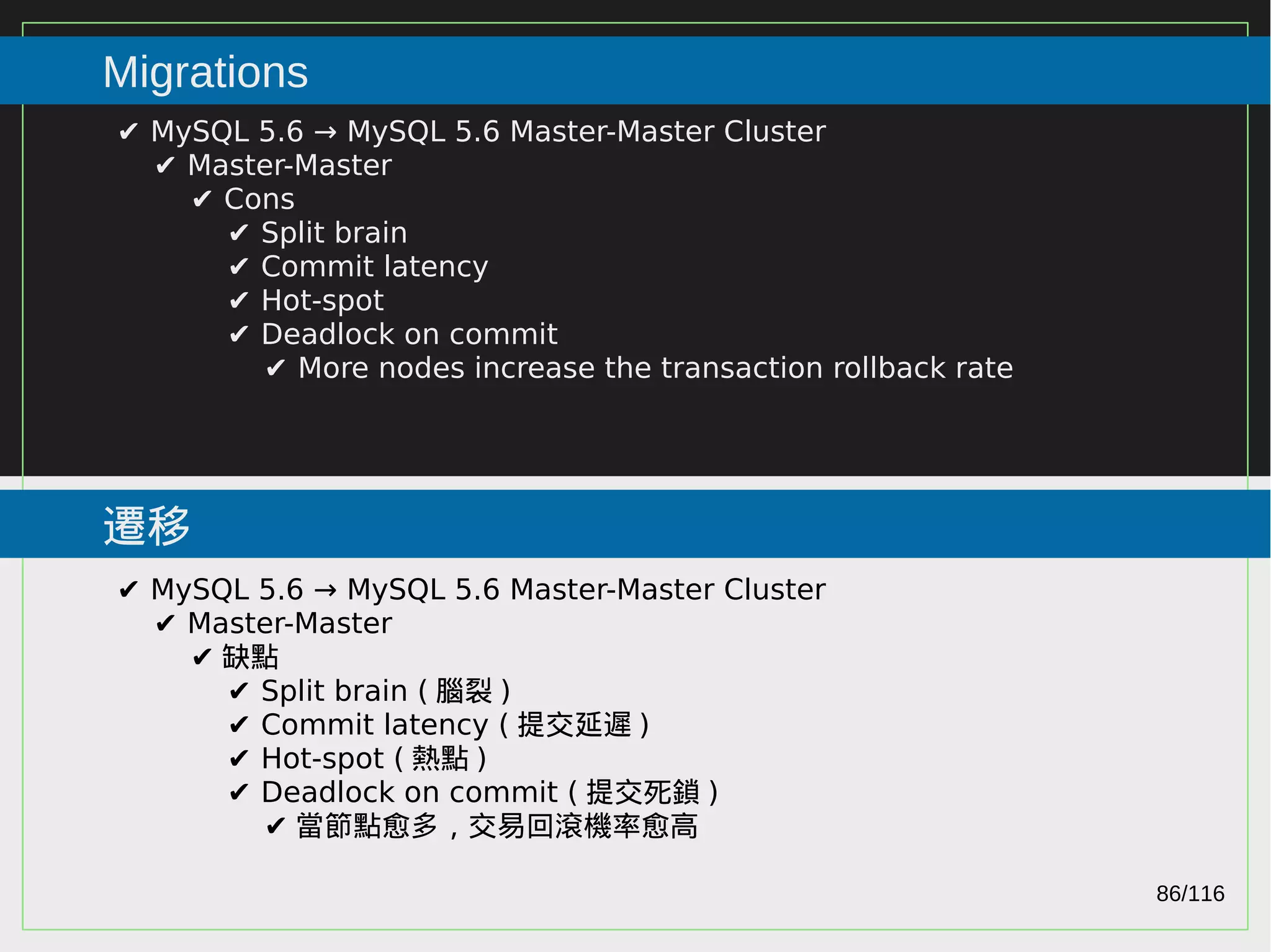 86/116
2015
Migrations
遷移
✔ MySQL 5.6 → MySQL 5.6 Master-Master Cluster
✔ Master-Master
✔ Cons
✔ Split brain
✔ Commit latency
✔ Hot-spot
✔ Deadlock on commit
✔ More nodes increase the transaction rollback rate
✔ MySQL 5.6 → MySQL 5.6 Master-Master Cluster
✔ Master-Master
✔ 缺點
✔ Split brain ( 腦裂 )
✔ Commit latency ( 提交延遲 )
✔ Hot-spot ( 熱點 )
✔ Deadlock on commit ( 提交死鎖 )
✔ 當節點愈多，交易回滾機率愈高
 