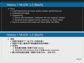 44/116
2015
History > MUZIK 1.0 (Bach)
History > MUZIK 1.0 (Bach)
✔ Cons
✔ Load balancing do more works (lower performance)
✔ Unbalanced loads
✔ Supporting
✔ Some old hardware / software do not support 'sticky'
✔ Amazon ELB support sticky sessions on April 2010
✔ Hard to control and scale-out (Non-SDN, No APIs)
✔ 缺點
✔ 負載平衡器多了一些工作 ( 效能耗損 )
✔ 負載不平衡 ( 重度用戶會偏重使用某些機器 )
✔ 支援性
✔ 有些舊的硬體 / 軟體不支援 'sticky'
✔ 2010 年 4 月 Amazon ELB 才支援 sticky sessions
✔ 難以控制或橫向擴展 ( 硬體不支援 SDN ，沒有 API)
 