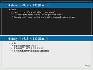50/116
2015
History > MUZIK 1.0 (Bach)
History > MUZIK 1.0 (Bach)
✔ Cons
✔ Need to modify application code (easy)
✔ Database do more works (lower performance)
✔ Database is more harder scale-out than application server
✔ 缺點
✔ 需要修改應用程式 ( 容易 )
✔ 資料庫多了一些工作 ( 效能耗損 )
✔ 資料庫相較應用伺服器更難以橫向擴展
 