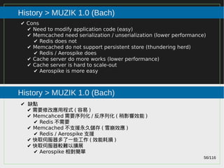 56/116
2015
History > MUZIK 1.0 (Bach)
History > MUZIK 1.0 (Bach)
✔ Cons
✔ Need to modify application code (easy)
✔ Memcached need serialization / unserialization (lower performance)
✔ Redis does not
✔ Memcached do not support persistent store (thundering herd)
✔ Redis / Aerospike does
✔ Cache server do more works (lower performance)
✔ Cache server is hard to scale-out
✔ Aerospike is more easy
✔ 缺點
✔ 需要修改應用程式 ( 容易 )
✔ Memcahced 需要序列化 / 反序列化 ( 稍影響效能 )
✔ Redis 不需要
✔ Memcached 不支援永久儲存 ( 雪崩效應 )
✔ Redis / Aerospike 支援
✔ 快取伺服器多了一些工作 ( 效能耗損 )
✔ 快取伺服器較難以擴展
✔ Aerospike 相對簡單
 