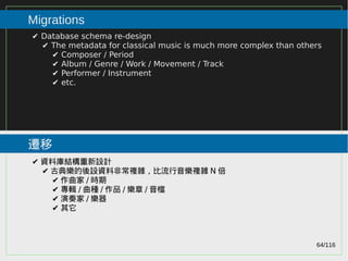 64/116
2015
Migrations
遷移
✔ Database schema re-design
✔ The metadata for classical music is much more complex than others
✔ Composer / Period
✔ Album / Genre / Work / Movement / Track
✔ Performer / Instrument
✔ etc.
✔ 資料庫結構重新設計
✔ 古典樂的後設資料非常複雜，比流行音樂複雜 N 倍
✔ 作曲家 / 時期
✔ 專輯 / 曲種 / 作品 / 樂章 / 音檔
✔ 演奏家 / 樂器
✔ 其它
 