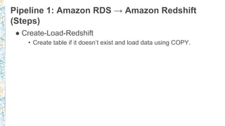 Pipeline 1: Amazon RDS → Amazon Redshift
(Steps)
● Create-Load-Redshift
• Create table if it doesn’t exist and load data using COPY.
 