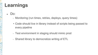 ● Do:
• Monitoring (run times, retries, deploys, query times)
• Code should live in library instead of scripts being passed to
every pipeline
• Test environment in staging should mimic prod
• Shared library to democratize writing of ETL
Learnings
 