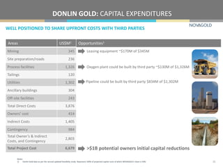 WELL POSITIONED TO SHARE UPFRONT COSTS WITH THIRD PARTIES
DONLIN GOLD: CAPITAL EXPENDITURES
Areas US$M1 Opportunities1
Mining 345 Leasing equipment ~$170M of $345M
Site preparation/roads 236
Process facilities 1,326 Oxygen plant could be built by third party ~$130M of $1,326M
Tailings 120
Utilities 1,302
Ancillary buildings 304
Off-site facilities 243
Total Direct Costs 3,876
Owners’ cost 414
Indirect Costs 1,405
Contingency 984
Total Owner’s & Indirect
Costs, and Contingency
2,803
Total Project Cost 6,679 >$1B potential owners initial capital reductions
Pipeline could be built by third party $834M of $1,302M
22
Notes:
1) Donlin Gold data as per the second updated feasibility study. Represent 100% of projected capital costs of which NOVAGOLD’s share is 50%.
 