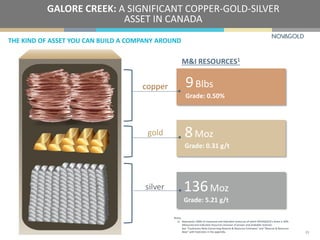 THE KIND OF ASSET YOU CAN BUILD A COMPANY AROUND
GALORE CREEK: A SIGNIFICANT COPPER-GOLD-SILVER
ASSET IN CANADA
Notes:
1) Represents 100% of measured and indicated resources of which NOVAGOLD’s share is 50%.
Measured and indicated resources inclusive of proven and probable reserves.
See “Cautionary Note Concerning Reserve & Resource Estimates” and “Reserve & Resource
Base” with footnotes in the appendix.
9Blbs
Grade: 0.50%
8Moz
Grade: 0.31 g/t
136Moz
Grade: 5.21 g/t
copper
gold
silver
M&I RESOURCES1
23
 