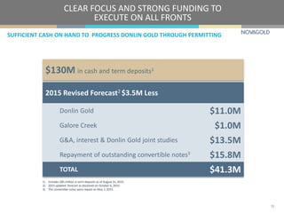 2015 Revised Forecast2 $3.5M Less
Donlin Gold $11.0M
Galore Creek $1.0M
G&A, interest & Donlin Gold joint studies $13.5M
Repayment of outstanding convertible notes3
$15.8M
TOTAL $41.3M
1) Includes $85 million in term deposits as of August 31, 2015.
2) 2015 updated forecast as disclosed on October 6, 2015.
3) The convertible notes were repaid on May 1, 2015.
SUFFICIENT CASH ON HAND TO PROGRESS DONLIN GOLD THROUGH PERMITTING
CLEAR FOCUS AND STRONG FUNDING TO
EXECUTE ON ALL FRONTS
25
$130M in cash and term deposits1
 