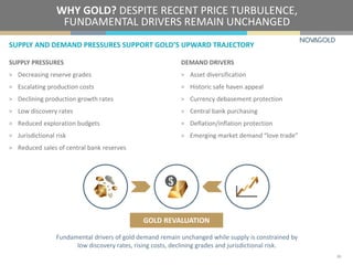 SUPPLY PRESSURES
> Decreasing reserve grades
> Escalating production costs
> Declining production growth rates
> Low discovery rates
> Reduced exploration budgets
> Jurisdictional risk
> Reduced sales of central bank reserves
WHY GOLD? DESPITE RECENT PRICE TURBULENCE,
FUNDAMENTAL DRIVERS REMAIN UNCHANGED
DEMAND DRIVERS
> Asset diversification
> Historic safe haven appeal
> Currency debasement protection
> Central bank purchasing
> Deflation/inflation protection
> Emerging market demand “love trade”
SUPPLY AND DEMAND PRESSURES SUPPORT GOLD’S UPWARD TRAJECTORY
28
Fundamental drivers of gold demand remain unchanged while supply is constrained by
low discovery rates, rising costs, declining grades and jurisdictional risk.
GOLD REVALUATION
 