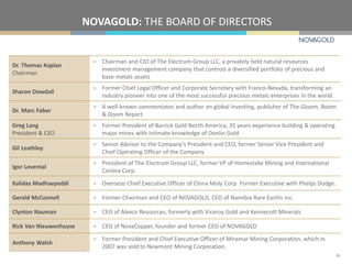NOVAGOLD: THE BOARD OF DIRECTORS
Dr. Thomas Kaplan
Chairman
> Chairman and CIO of The Electrum Group LLC, a privately held natural resources
investment management company that controls a diversified portfolio of precious and
base metals assets
Sharon Dowdall
> Former Chief Legal Officer and Corporate Secretary with Franco-Nevada, transforming an
industry pioneer into one of the most successful precious metals enterprises in the world
Dr. Marc Faber
> A well-known commentator and author on global investing, publisher of The Gloom, Boom
& Doom Report
Greg Lang
President & CEO
> Former President of Barrick Gold North America, 35 years experience building & operating
major mines with intimate knowledge of Donlin Gold
Gil Leathley
> Senior Advisor to the Company’s President and CEO, former Senior Vice President and
Chief Operating Officer of the Company
Igor Levental
> President of The Electrum Group LLC, former VP of Homestake Mining and International
Corona Corp.
Kalidas Madhavpeddi > Overseas Chief Executive Officer of China Moly Corp. Former Executive with Phelps Dodge.
Gerald McConnell > Former Chairman and CEO of NOVAGOLD, CEO of Namibia Rare Earths Inc.
Clynton Nauman > CEO of Alexco Resources, formerly with Viceroy Gold and Kennecott Minerals
Rick Van Nieuwenhuyse > CEO of NovaCopper, founder and former CEO of NOVAGOLD
Anthony Walsh
> Former President and Chief Executive Officer of Miramar Mining Corporation, which in
2007 was sold to Newmont Mining Corporation.
36
 