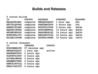 Builds and Releases
$ convox builds
ID STATUS RELEASE STARTED ELAPSED
BQCQGTKIWXI complete RMOQPDOQZOY 1 hour ago 26s
BATIRIQTFXD complete RHAEGMPLKUP 2 hours ago 24s
BAMAPYZOLMC complete RGZVEVOJPDF 2 hours ago 3m34s
BQDHXVJRPHU complete RDTKJWKBTXL 13 hours ago 3m26s
BKORNTBGPGP complete RNSATMOHIQV 14 hours ago 3m28s
BVMYVERLJVD complete RMCASKYVLUS 15 hours ago 3m26s
BZJABILPFDM complete RFOKGLVSKRK 15 hours ago 10m7s
$ convox releases
ID CREATED STATUS
ROHSGMABIFH 57 minutes ago
RMOQPDOQZOY 1 hour ago active
RHAEGMPLKUP 2 hours ago
RGZVEVOJPDF 2 hours ago
RJVXHAJMOGH 5 hours ago
RBDMMAYYKFK 6 hours ago
REWCRJFOYCQ 6 hours ago
RWHLYJXDYTG 6 hours ago
 