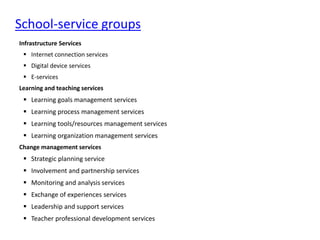School-service groups
Infrastructure Services
 Internet connection services
 Digital device services
 E-services
Learning and teaching services
 Learning goals management services
 Learning process management services
 Learning tools/resources management services
 Learning organization management services
Change management services
 Strategic planning service
 Involvement and partnership services
 Monitoring and analysis services
 Exchange of experiences services
 Leadership and support services
 Teacher professional development services
 