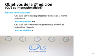 Índice de Internacionalidad
•Una clase con todos los profesores y alumnos de la misma
nacionalidad.
Internacionalidad = 0
•Una clase con cada uno de los profesores y alumnos de
nacionalidad diferente
Internacionalidad = 1
¿Qué es Internacionalidad?
28
Objetivos de la 2ª edición
 