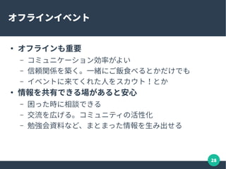 28
お金を出す、という貢献も
●
時間は有限なのでなかなか ...
●
資金があれば出来ることがいっぱい
 