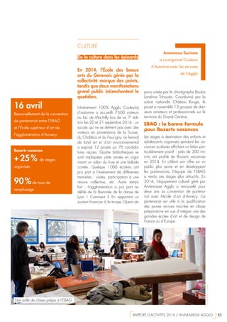 CULTURE
De la culture dans les épinards
En 2014, l’École des beaux
arts du Genevois gérée par la
collectivité marque des points,
tandis que deux manifestations
grand public (ré)enchantent le
quotidien.
L’événement 100 % Agglo Couleur(s)
d’automne a accueilli 7 600 visiteurs
au lac de Machilly lors de sa 7e
édi-
tion les 20 et 21 septembre 2014 : un
succès qui ne se dément pas avec des
visiteurs en provenance de la Suisse,
du Chablais et du Faucigny. Le festival
de land art et d’art environnemental
a exposé 12 projets sur 76 candida-
tures reçues. Quatre bibliothèques se
sont impliquées cette année en orga-
nisant un salon du livre et une balade
contée. Quelque 1 000 écoliers ont
pris part à l’événement de différentes
manières : visites, participation à une
œuvre collective, etc. Autre temps
fort  : l’agglomération a pris part au
défilé de la Biennale de la danse de
Lyon  ! Comment  ? En apportant un
soutien financier à la troupe Opera do
povo créée par le chorégraphe Bouba
Landrine Tchouda. Coordonné par la
scène nationale Château Rouge, le
projet a rassemblé 13 groupes de dan-
seurs amateurs et professionnels sur le
territoire du Grand Genève.
EBAG : la bonne formule
pour Bozarts vacances
Les stages à destination des enfants et
adolescents organisés pendant les va-
cances scolaires affichent un bilan par-
ticulièrement positif : près de 300 ins-
crits ont profité de Bozarts vacances
en 2014. En ciblant son offre sur un
public plus jeune et en développant
les partenariats, l’équipe de l’EBAG
a rendu ces stages plus attractifs. En
2014, l’équipement culturel géré par
Annemasse Agglo a renouvelé pour
deux ans sa convention de partena-
riat avec l’école d’art d’Annecy. Ce
partenariat est utile à la qualification
des jeunes recrues inscrites en classe
préparatoire en vue d’intégrer une des
grandes écoles d’art et de design de
France ou d’Europe.
Bozarts vacances
+ 25 % de stages
organisés
90 %de taux de
remplissage
16 avril
Renouvellement de la convention
de partenariat entre l’EBAG
et l’École supérieur d’art de
l’agglomération d’Annecy
Annemasse Tourisme
a co-organisé Couleurs
d’Automne avec les services
de l’Agglo
©StéphaneCouchet
Une salle de classe prépa à l’EBAG
  RAPPORT D’ACTIVITÉS 2014 / ANNEMASSE AGGLO   53
 